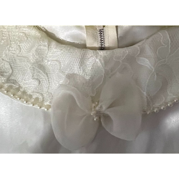 First Communion Dress Girls Size M White Sheer Lined Bows Peals Lace Satin Trim - Picture 11 of 16
